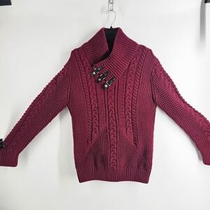De-Niko Sweater Mens Large Burgundy  Cable Knit Wool Blend Buckle Neck